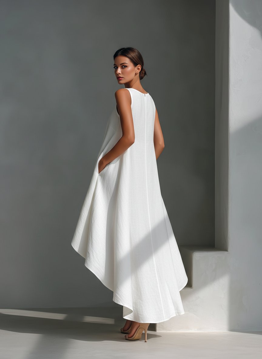 Women's Relaxed Sleeveless Linen Midi Dress with Asymmetric Hem