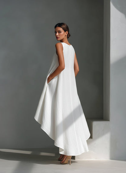 Women's Relaxed Sleeveless Linen Midi Dress with Asymmetric Hem