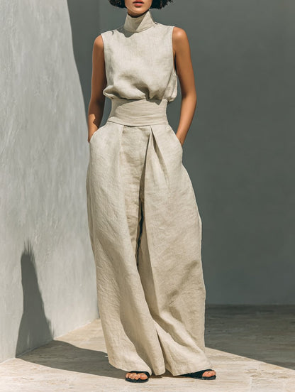 Women's High-Collar Sleeveless Linen Top and Wide-Leg Pants Set