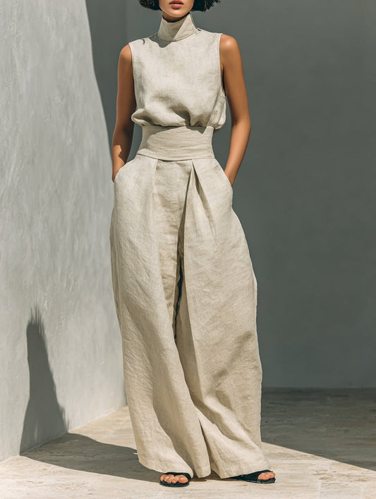 Women's High-Collar Sleeveless Linen Top and Wide-Leg Pants Set