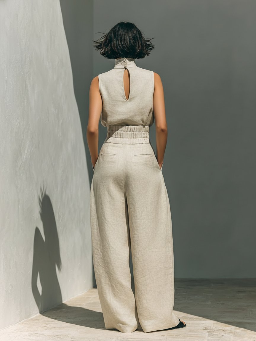 Women's High-Collar Sleeveless Linen Top and Wide-Leg Pants Set
