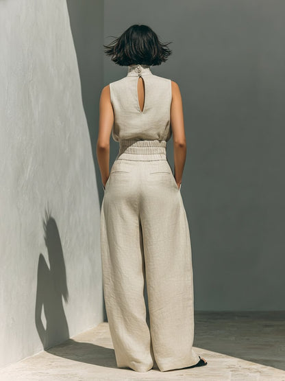 Women's High-Collar Sleeveless Linen Top and Wide-Leg Pants Set