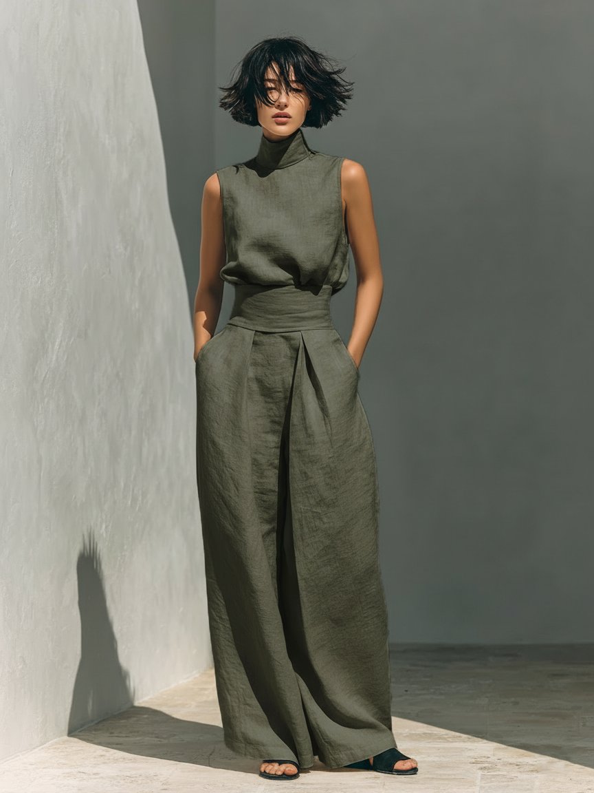 Women's High-Collar Sleeveless Linen Top and Wide-Leg Pants Set