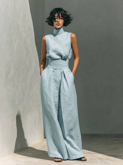 Women's High-Collar Sleeveless Linen Top and Wide-Leg Pants Set
