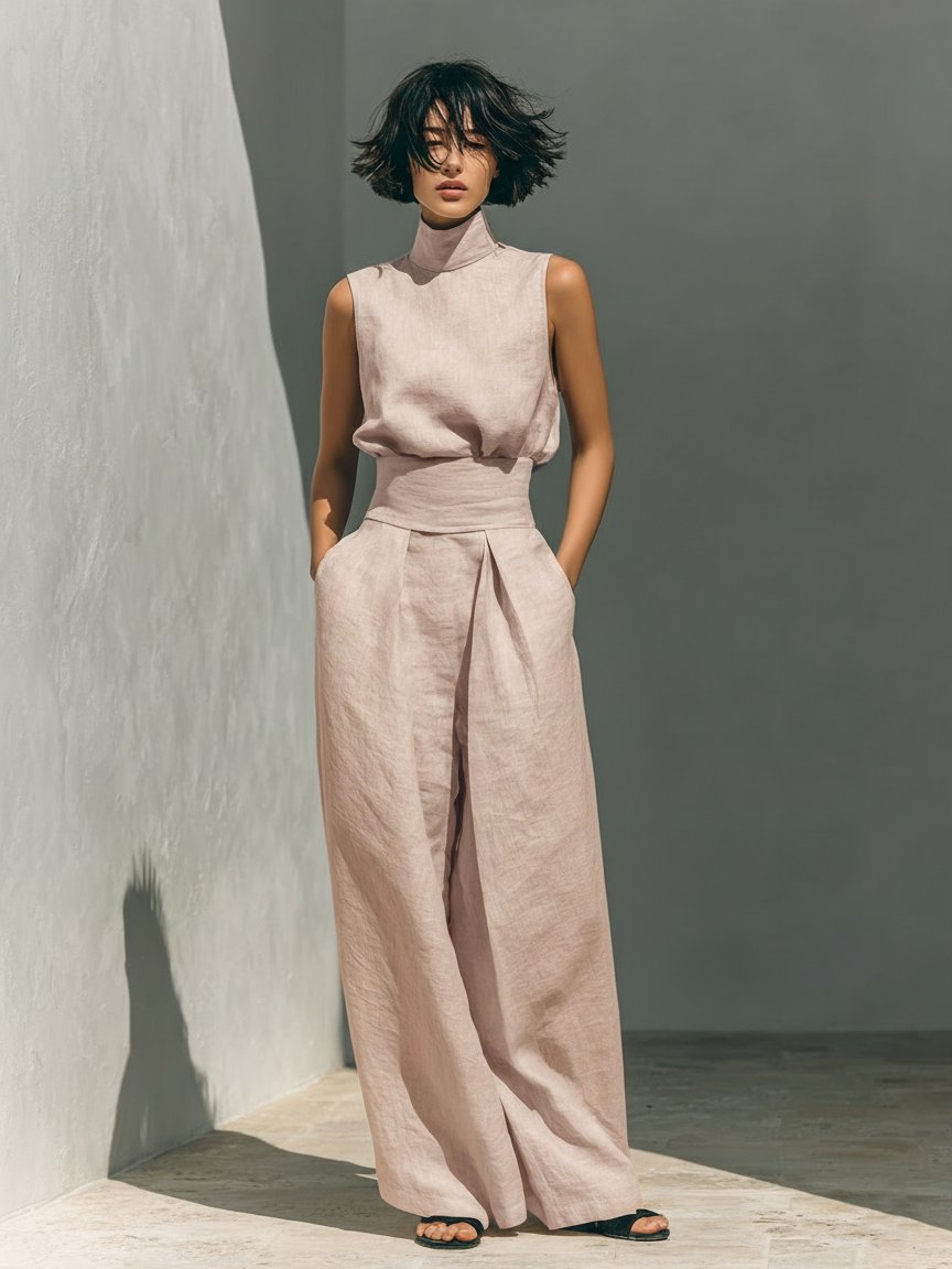 Women's High-Collar Sleeveless Linen Top and Wide-Leg Pants Set