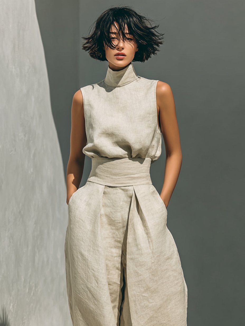 Women's High-Collar Sleeveless Linen Top and Wide-Leg Pants Set