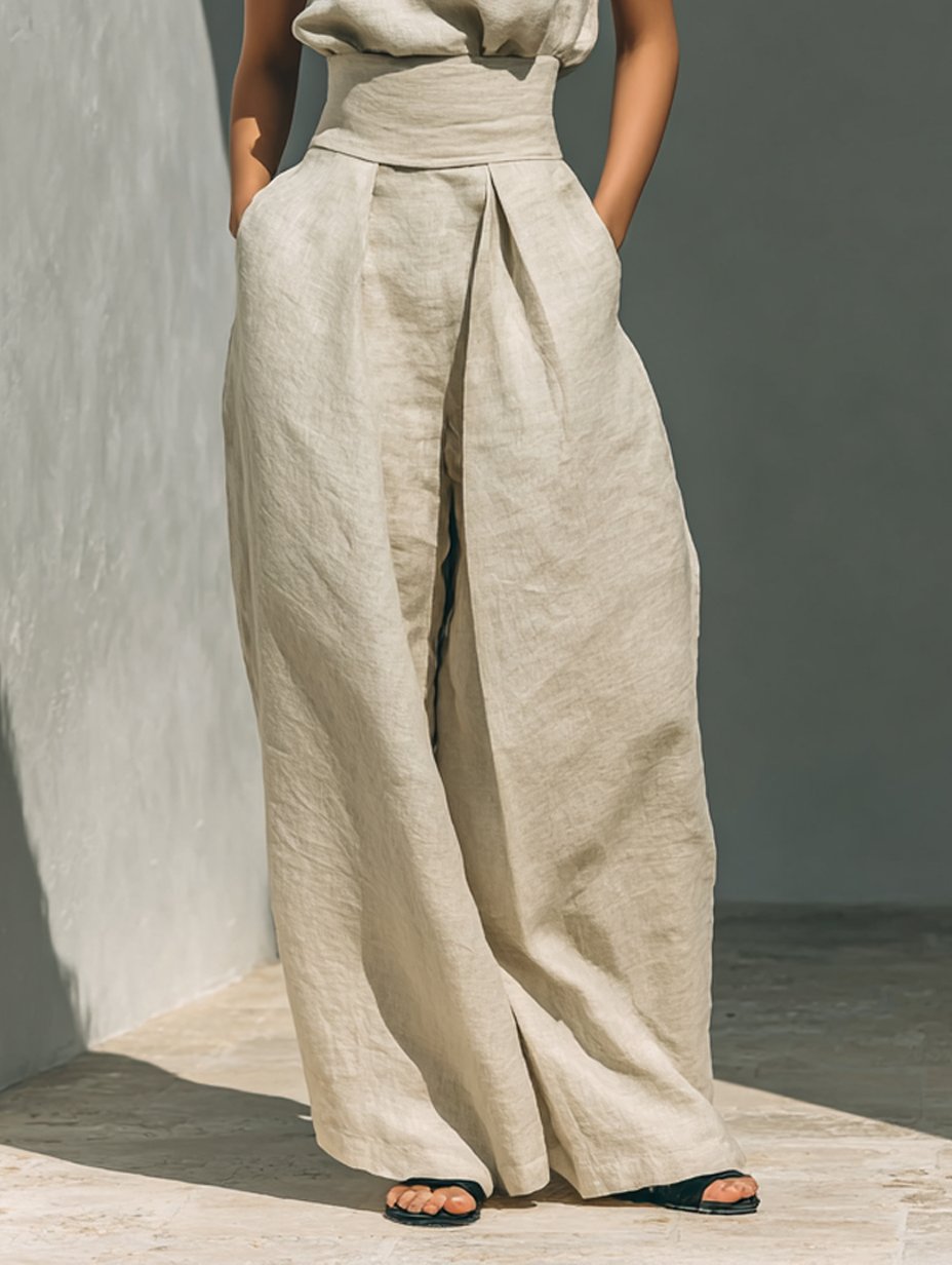 Women's High-Collar Sleeveless Linen Top and Wide-Leg Pants Set