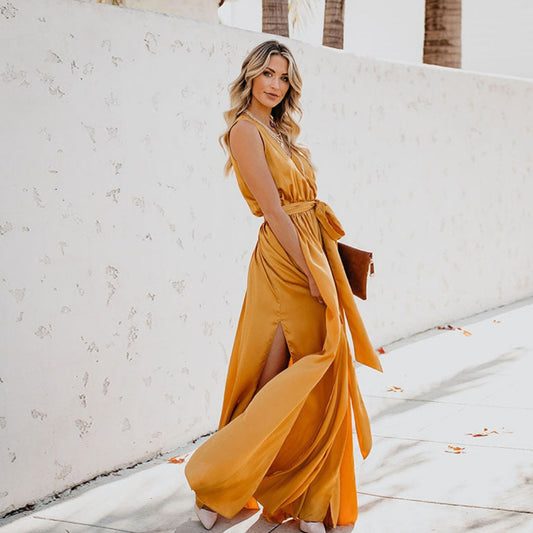 Women's Sleeveless Side-Slit Maxi Dress with Waist Tie