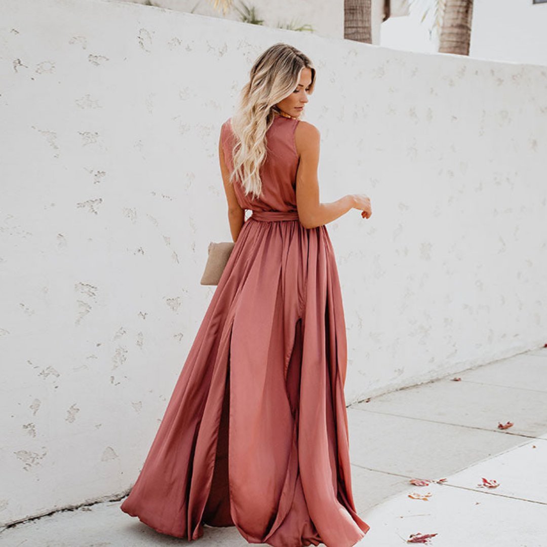 Women's Sleeveless Side-Slit Maxi Dress with Waist Tie
