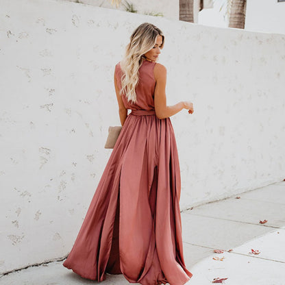 Women's Sleeveless Side-Slit Maxi Dress with Waist Tie