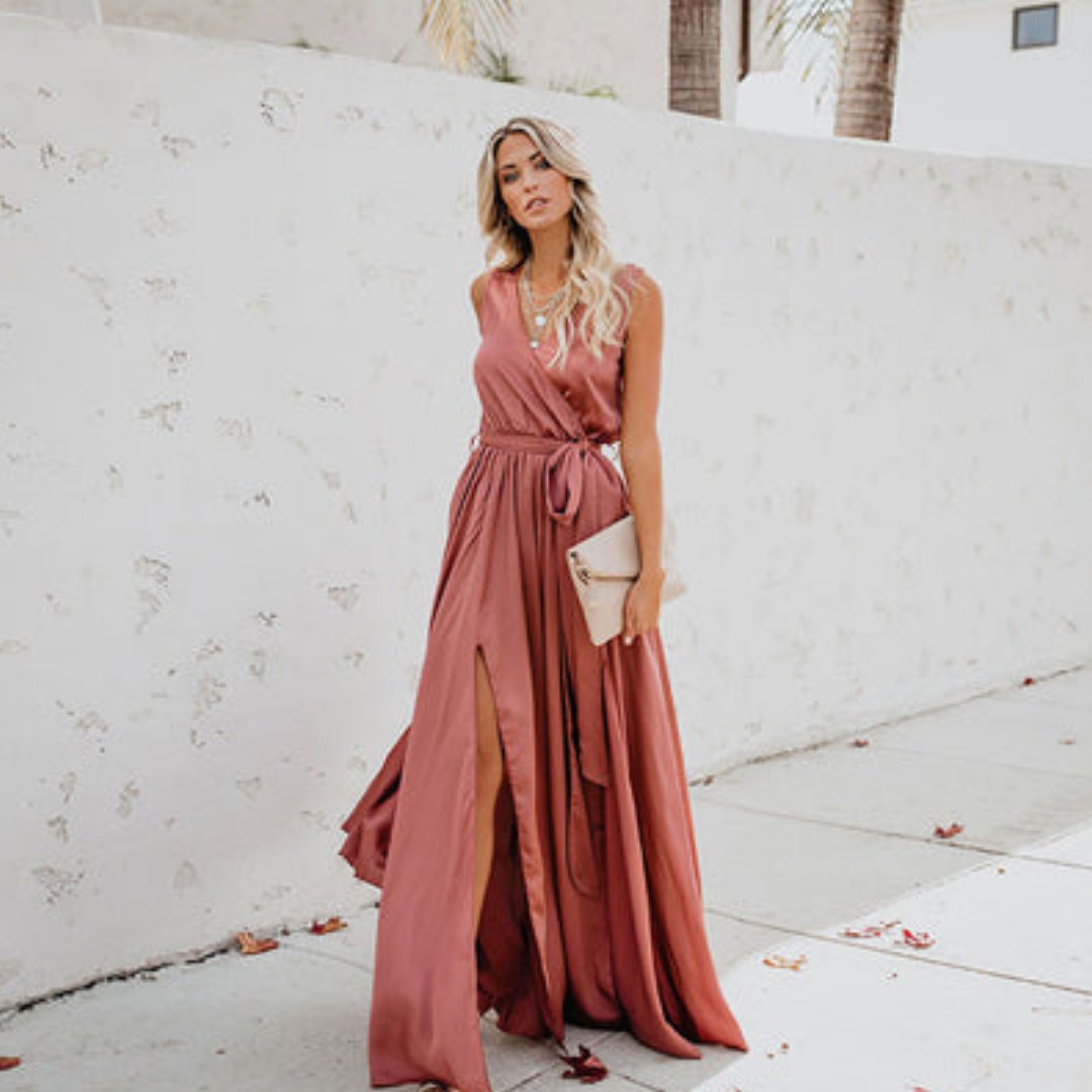 Women's Sleeveless Side-Slit Maxi Dress with Waist Tie