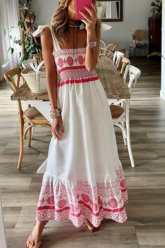 Women's Square-Neck Lace-Up Boho Print Sleeveless Maxi Dress