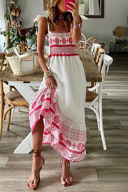 Women's Square-Neck Lace-Up Boho Print Sleeveless Maxi Dress