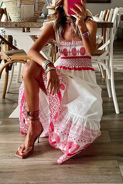 Women's Square-Neck Lace-Up Boho Print Sleeveless Maxi Dress