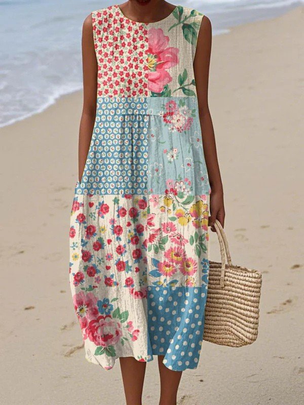 Women's Sleeveless Floral Print Patchwork Midi Dress