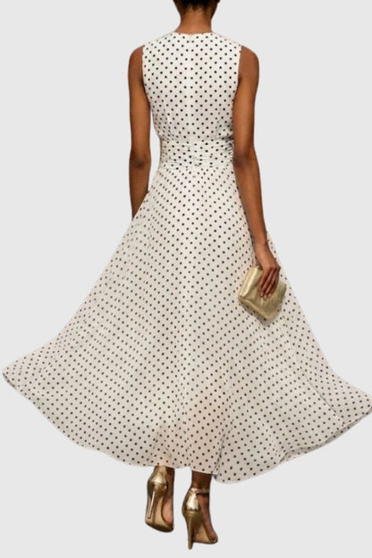 Women's Polka Dot Sleeveless Maxi Evening Gown with Ruffle Hem