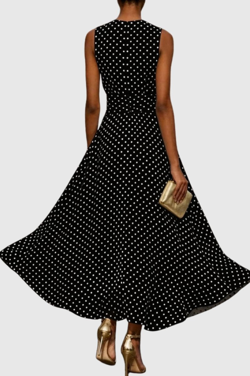 Women's Polka Dot Sleeveless Maxi Evening Gown with Ruffle Hem