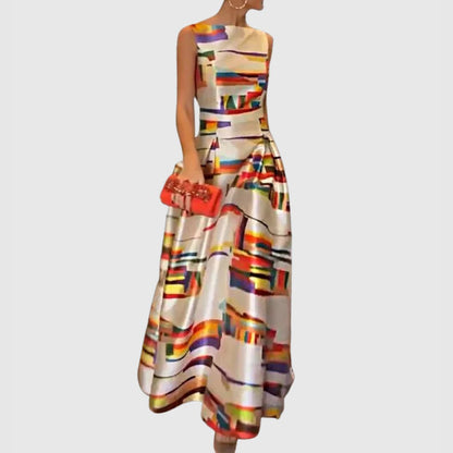 Women's Sleeveless Colorblock Satin Abstract Maxi Dress
