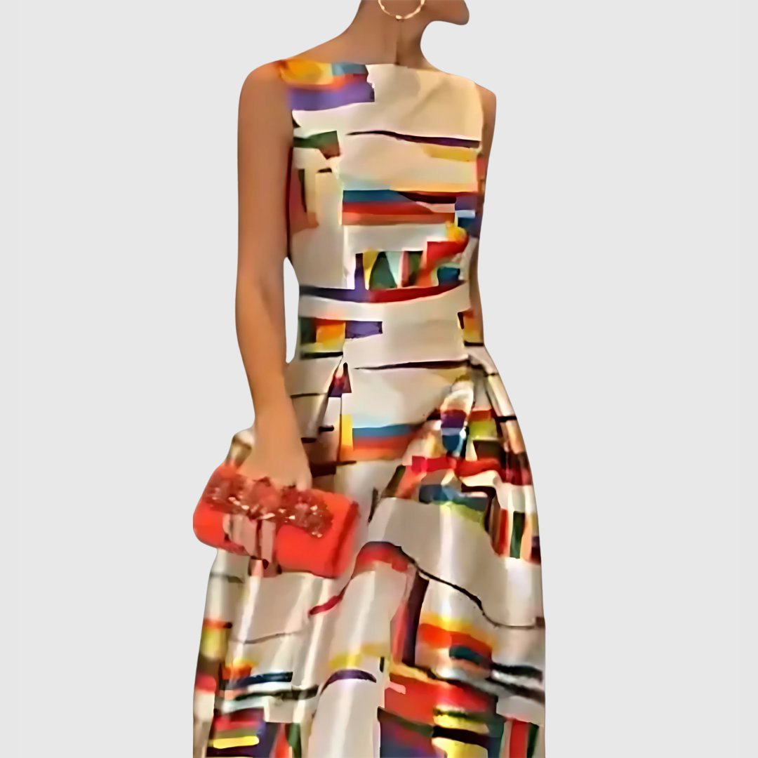 Women's Sleeveless Colorblock Satin Abstract Maxi Dress