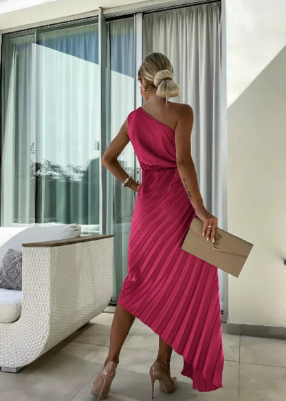 Women's Pleated One-Shoulder Maxi Dress