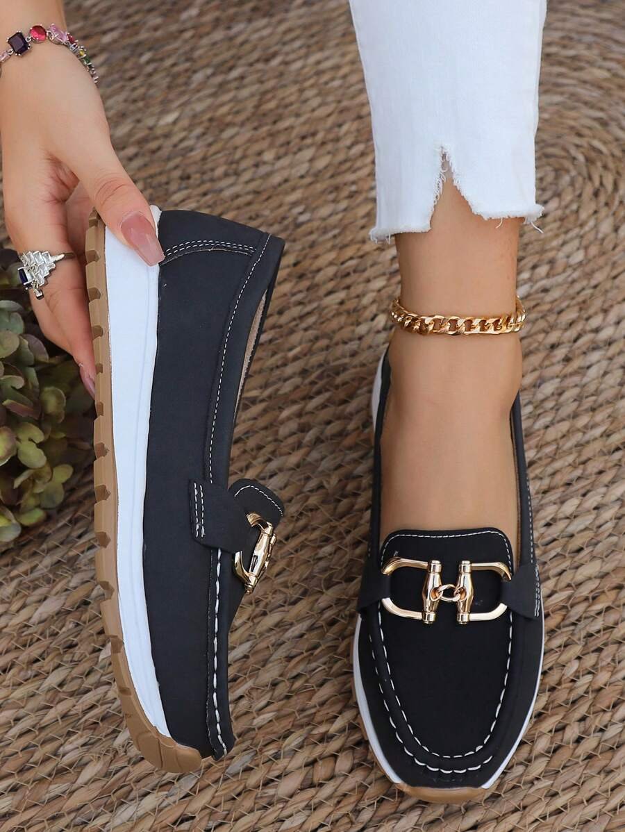 Women's Slip-Resistant Orthopedic Slip-On Flats with Gold-Tone Buckle