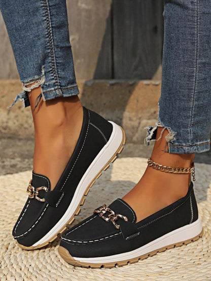 Women's Slip-Resistant Orthopedic Slip-On Flats with Gold-Tone Buckle