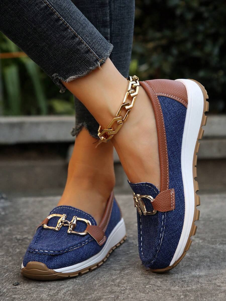 Women's Slip-Resistant Orthopedic Slip-On Flats with Gold-Tone Buckle