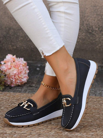 Women's Slip-Resistant Orthopedic Slip-On Flats with Gold-Tone Buckle