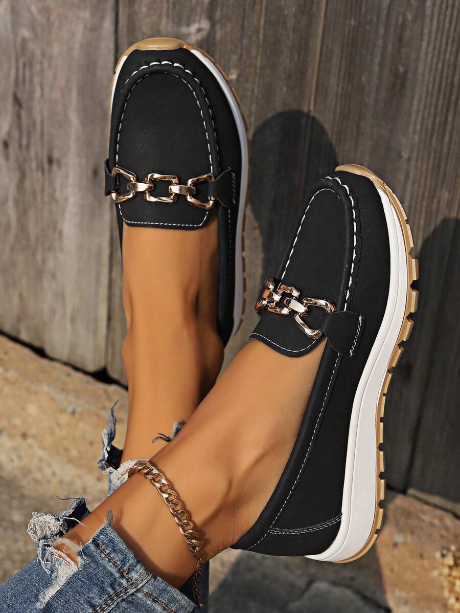 Women's Slip-Resistant Orthopedic Slip-On Flats with Gold-Tone Buckle