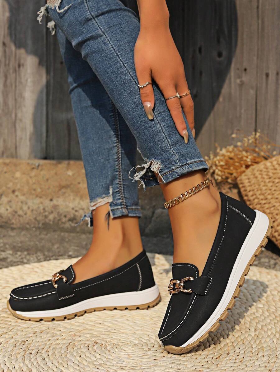 Women's Slip-Resistant Orthopedic Slip-On Flats with Gold-Tone Buckle