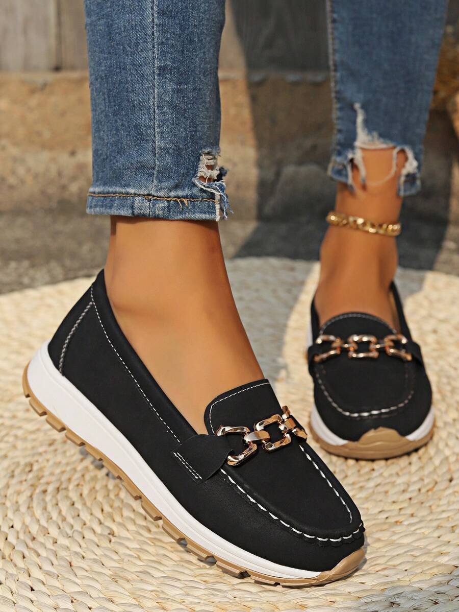 Women's Slip-Resistant Orthopedic Slip-On Flats with Gold-Tone Buckle