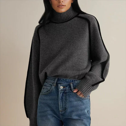 Women's Two-Tone Turtleneck Oversized Raglan Knit Sweater
