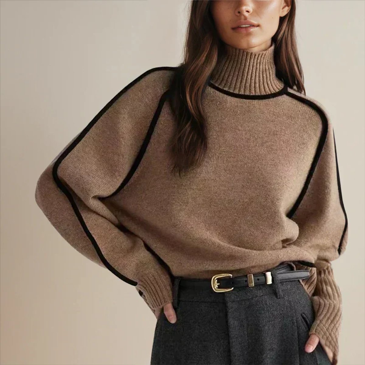 Women's Two-Tone Turtleneck Oversized Raglan Knit Sweater