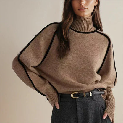 Women's Two-Tone Turtleneck Oversized Raglan Knit Sweater