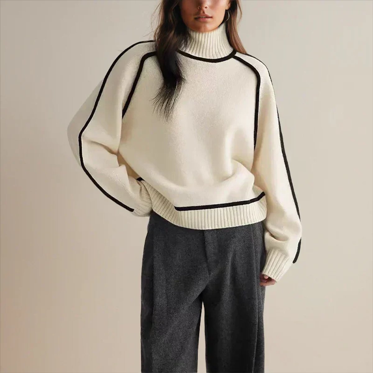 Women's Two-Tone Turtleneck Oversized Raglan Knit Sweater