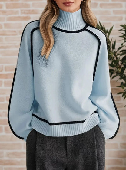 Women's Two-Tone Turtleneck Oversized Raglan Knit Sweater