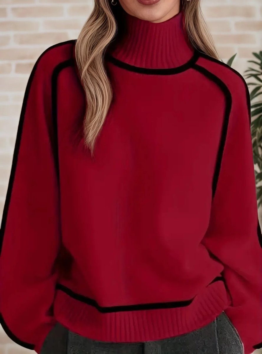 Women's Two-Tone Turtleneck Oversized Raglan Knit Sweater