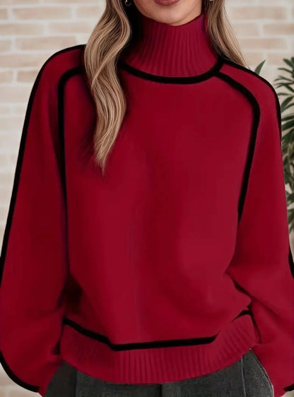 Women's Two-Tone Turtleneck Oversized Raglan Knit Sweater
