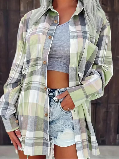 Women's Oversized Long-Sleeve Plaid Flannel Shirt Cardigan