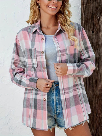 Women's Oversized Long-Sleeve Plaid Flannel Shirt Cardigan
