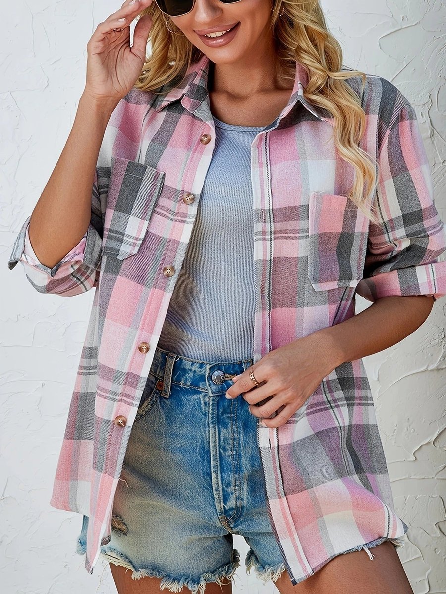 Women's Oversized Long-Sleeve Plaid Flannel Shirt Cardigan