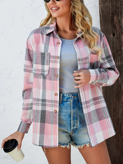Women's Oversized Long-Sleeve Plaid Flannel Shirt Cardigan