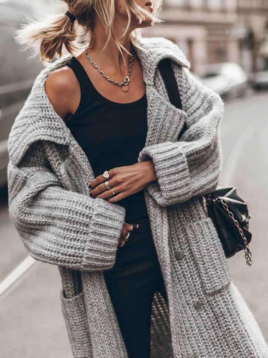 Women's Longline Chunky Knit Lapel Cardigan in Oversized Fit