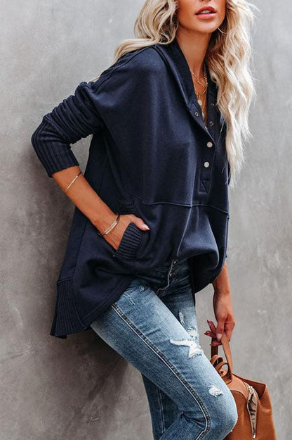 Women's Long-Sleeve Button-Up Oversized Hooded Tunic