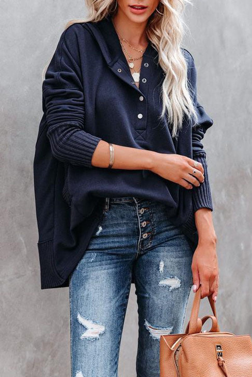 Women's Long-Sleeve Button-Up Oversized Hooded Tunic