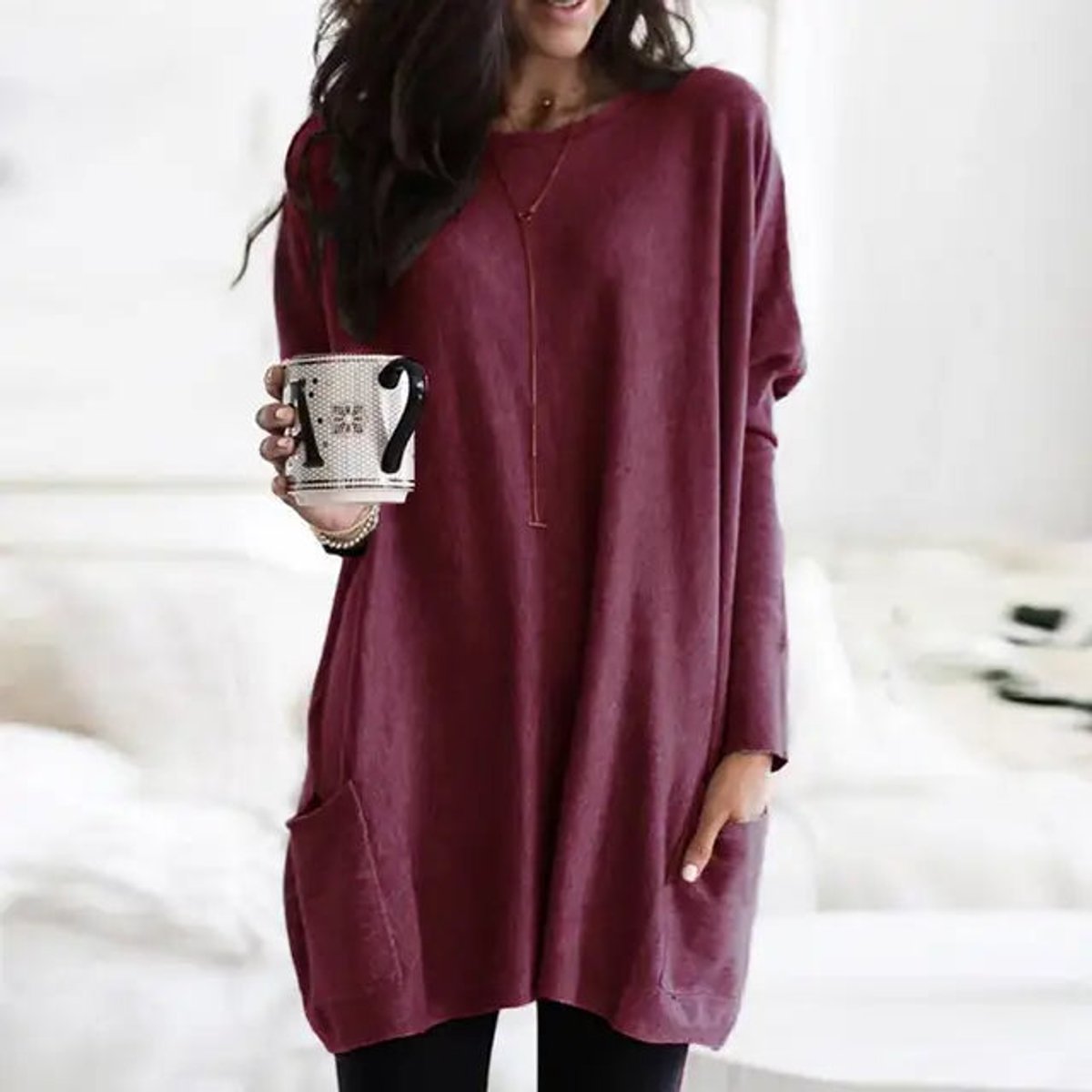 Women's Crewneck Long-Sleeve Oversized Pocket Tunic Top