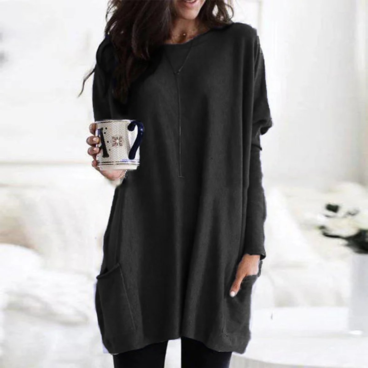 Women's Crewneck Long-Sleeve Oversized Pocket Tunic Top