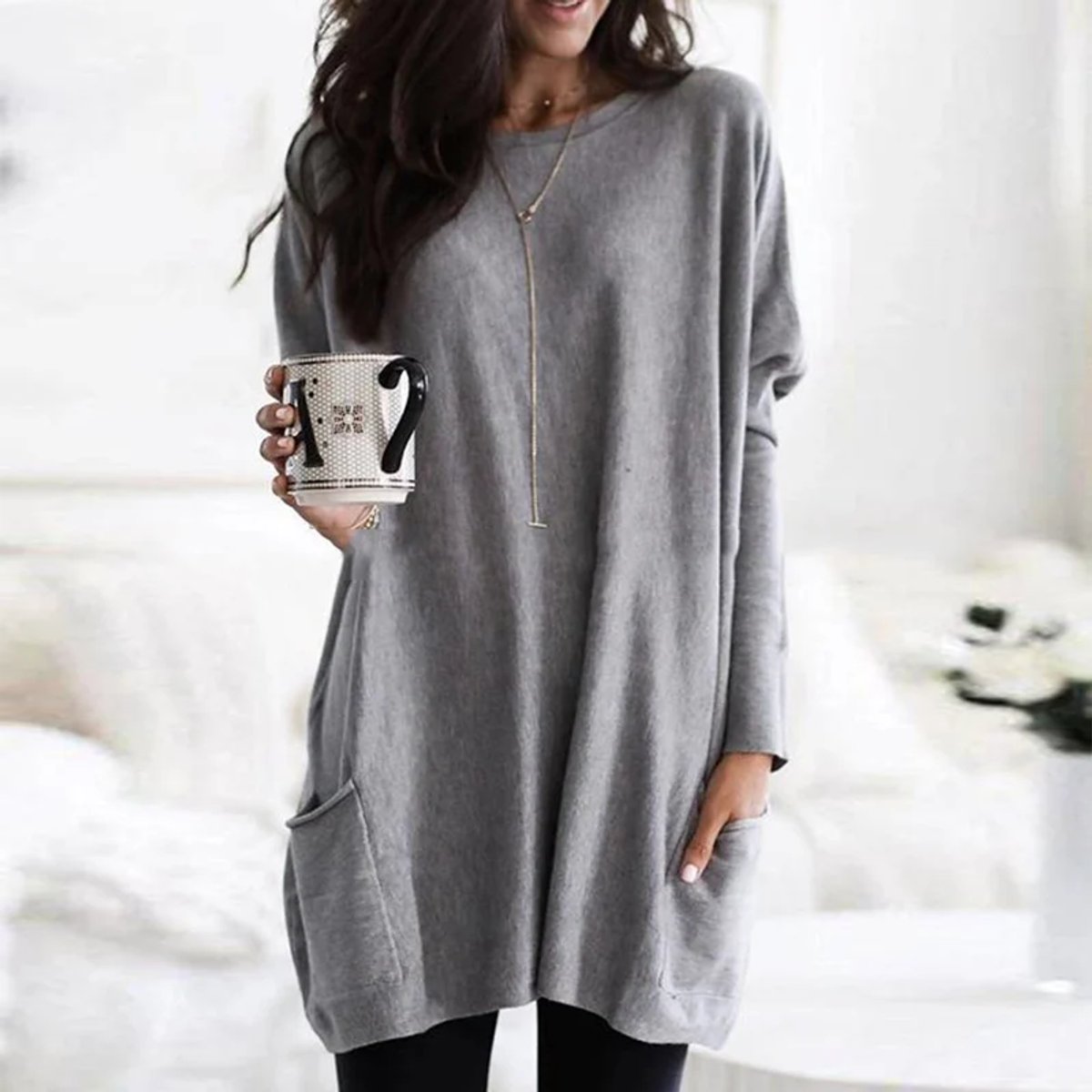 Women's Crewneck Long-Sleeve Oversized Pocket Tunic Top