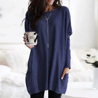 Women's Crewneck Long-Sleeve Oversized Pocket Tunic Top