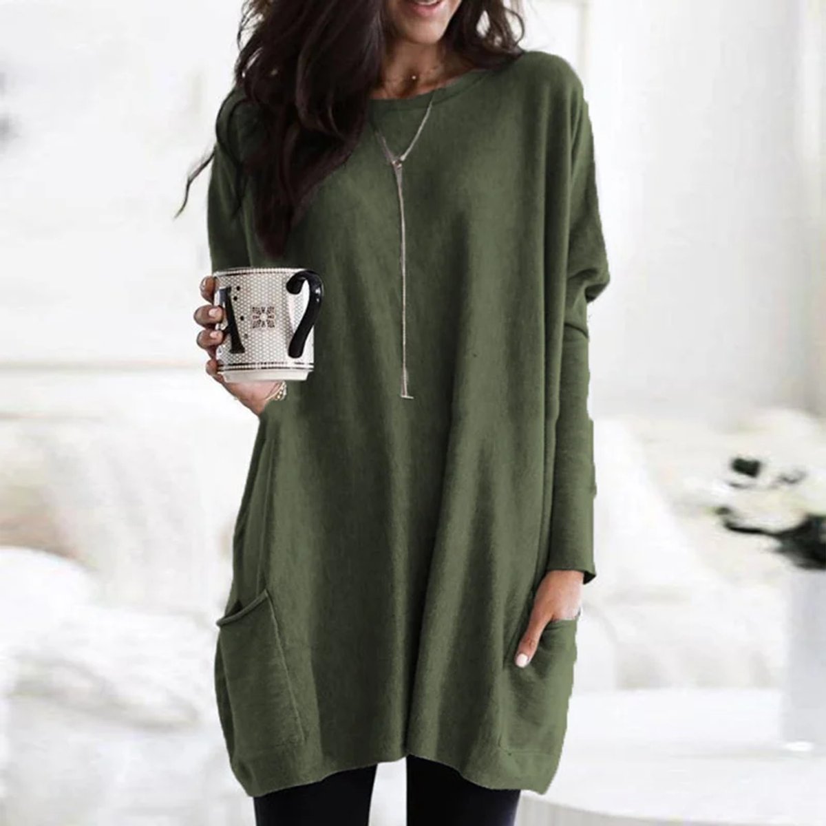 Women's Crewneck Long-Sleeve Oversized Pocket Tunic Top